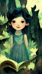 Childrens book illustration style of a young girl reading a story book in a fairy tale land © Rick
