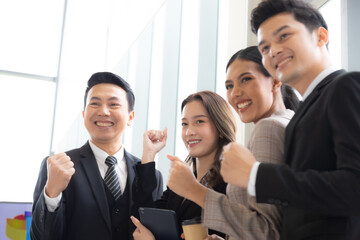 Business leaders with employees group showing hands up looking at camera, happy professional multicultural office team people recommend best corporate service, proud or good career, human resource