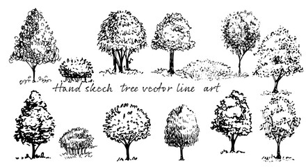 手書きスケッチの樹木の立面添景（ベクター素材）