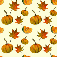 Watercolor autumn pattern with pumpkins and leaves
 on a yellow background