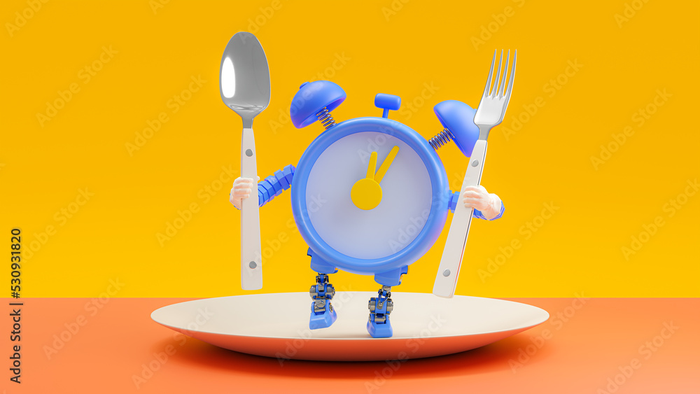 Poster blue alarm clock robot holding spoon and fork standing on cream color plate. white clock hands point