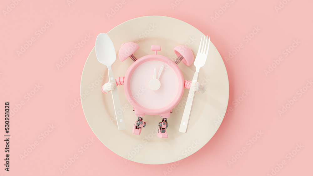 Poster pink alarm clock robot holding spoon and fork on cream color. white clock hands pointing to time fiv
