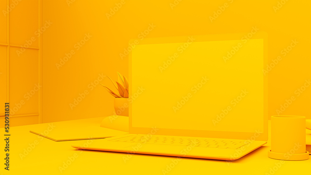 Poster yellow laptop mock-up empty display is placed on the desk. minimal idea concept, 3d render