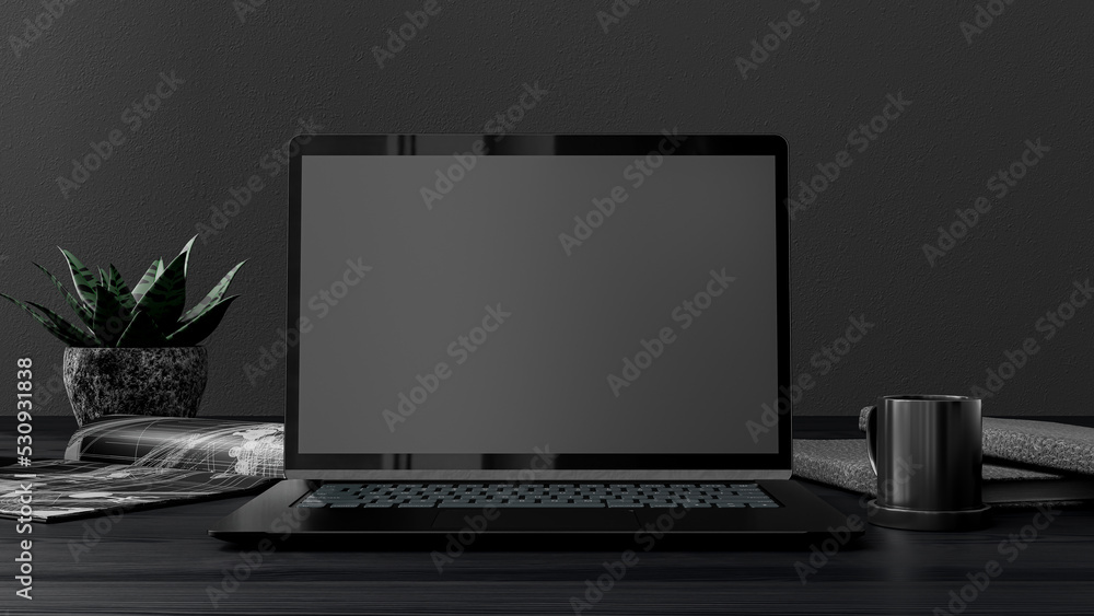 Poster laptop mock-up black color on work desk with notebook and cup coffee. designed in dark tone. can be 