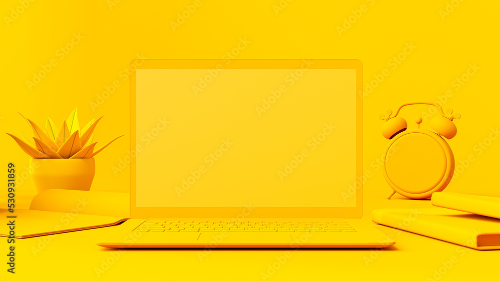 Poster yellow laptop mock-up empty display is placed on the desk. minimal idea concept, 3d render