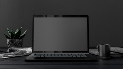 Laptop Mock-Up black color on work desk with notebook and cup coffee. Designed in dark tone. Can be used in education or business background. 3d render.