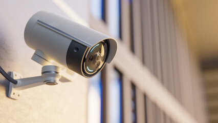CCTV camera installed on wall of the building. Scan the area for surveillance purposes. Can be used  background in security work. 3D Render