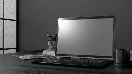 Laptop Mock-Up black color on work desk with notebook and cup coffee. Designed in dark tone. Can be used in education or business background. 3d render.