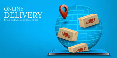 Online delivery smartphone service gps navigation map and parcel boxes with delivery truck icon