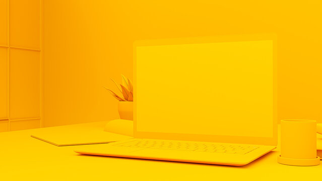 Yellow laptop Mock-Up empty display is placed on the desk. Minimal idea concept, 3D Render
