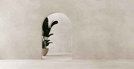 Empty white room with arch door plastered wall in Balinese style. Decor with palm plants in pot. Perspective of minimal design. Illustration - obrazy, fototapety, plakaty