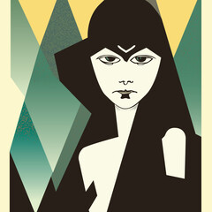 A vector illustration of a mysterious woman with geometric hair and angry eyes,  1-to-1 square aspect ratio
