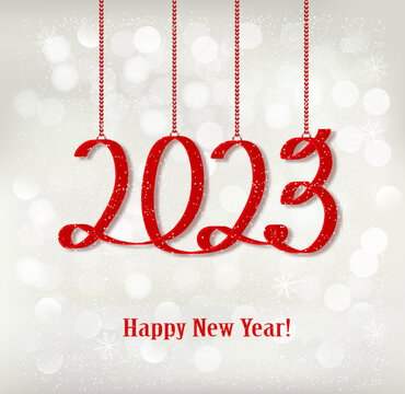 2023 New Year holiday background with  red ribbons. Vector.