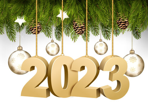 Happy New Year and Christmas holiday frame with branches of tree garland and 2023 litters and transparent balls. Vector.