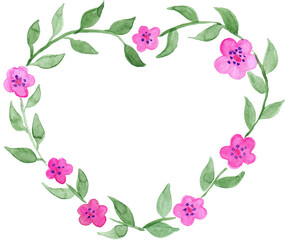 Watercolor heart shaped flower plant branch wreath isolated art