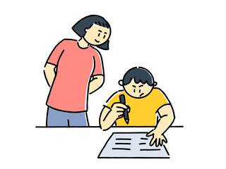 宿題をしている子供とみてあげているお母さん