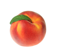 Delicious fresh ripe peach with green leaf isolated on white