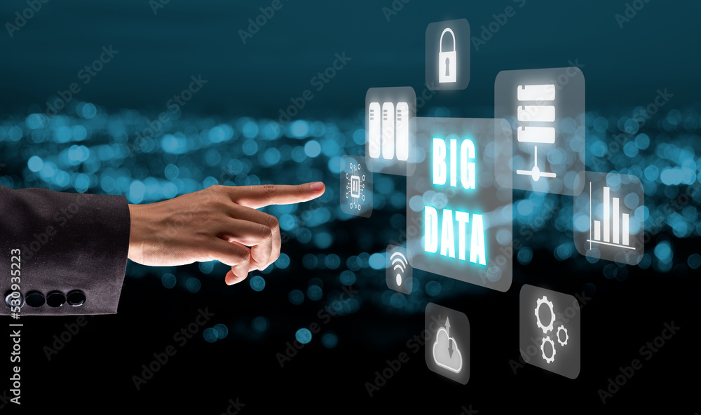 Poster big data concept, person hand touching big data icon on vr screen on blue bokeh background