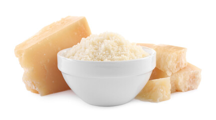 Delicious grated parmesan cheese on white background