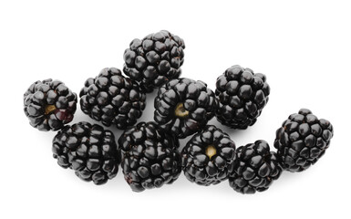 Tasty ripe blackberries on white background, top view