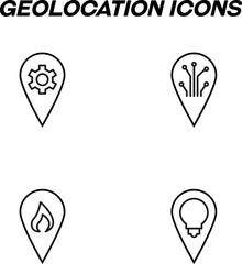 Simple monochrome signs drawn with black thin line. Vector line icon set with symbols of gear, electro chip, ec, fire, light bulb inside of geotag