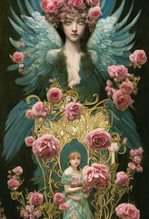 Beautiful angel painting with gold decorations and roses 