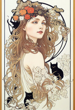 Halloween illustration of a beautiful woman with cats and flowers