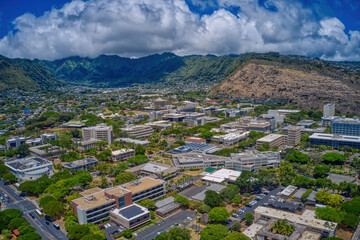 Fototapeta na wymiar Aerial View of a large Public University in Honolulu, Hawaii