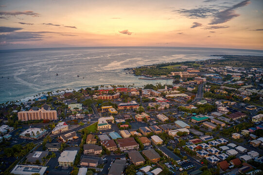 Aerial View of Downtown Kailua Kona at Sunrise on the Big Island of Hawaii