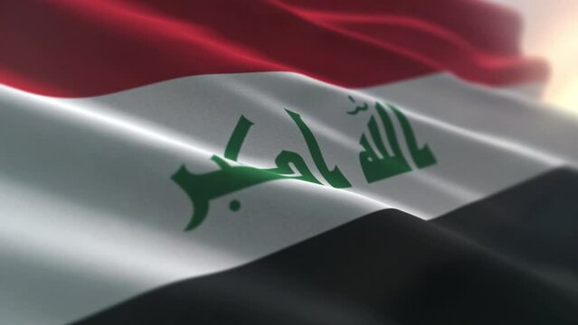 Animation of the patriotic flag of the Middle Eastern Republic of Iraq. Fluttering the flag of the Middle Eastern country. Shaking the red white black flag of the Middle East Iraq symbol
