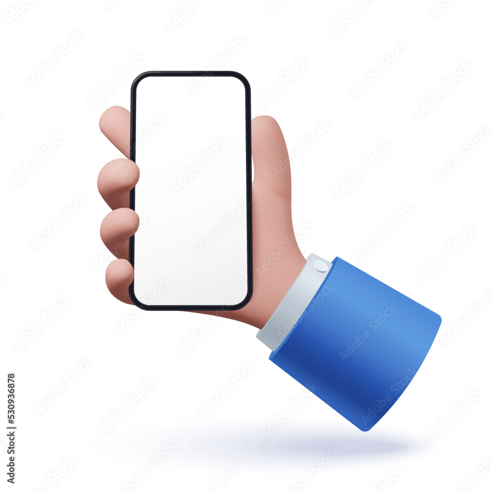 Poster 3d hand holding smartphone with blank screen. human hand with gadget isolated on white. vector illus