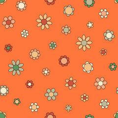 Groovy Daisy Flowers Seamless Pattern. Floral Vector Background in 1970s Hippie Retro Style