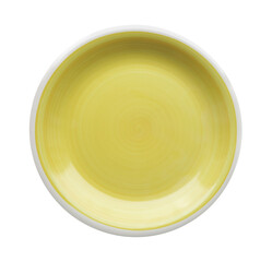 Empty yellow plate in isolated on white background. Shallow dining plate with thin white rim and front view, from above.