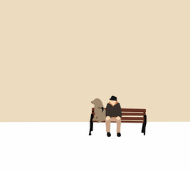 Old man sitting with dog on bench outdoors in city park. Retired male character spends time with puppy.