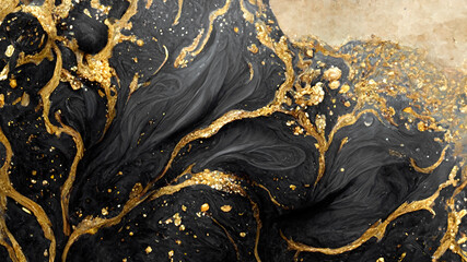 Fototapeta Spectacular realistic abstract backdrop of a whirlpool of black and gold. Digital art 3D illustration. Mable with liquid texture like turbulent waves background. obraz