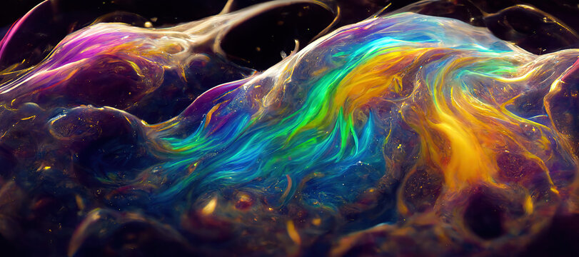 Spectacular abstract image of rainbow, iridescent liquid ink churning together, with a realistic texture, gaudy and great quality. Digital art 3D illustration.