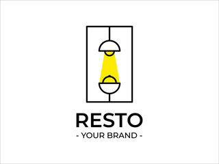 logo design for a restaurant with a light above that shines yellow, and below there is a table shape and a dish cover on top, suitable as a design reference
