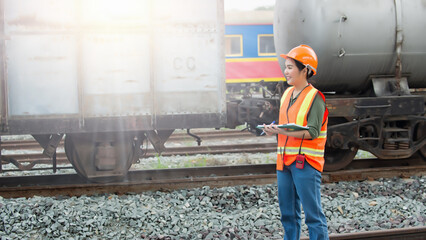 construction worker with helmet. Portrait female engineer smile and look at work on freight train oil transport on background. portrait worker on oil tank on background.