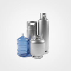 Tr&ecirc;s botij&otilde;es de g&aacute;s alinhados. Botij&atilde;o de g&aacute;s P13, Botij&atilde;o de g&aacute;s P20, Botij&atilde;o de g&aacute;s P45 e &Aacute;gua mineral 20 L