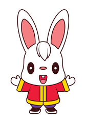 Cartoon cute rabbit wearing chinese costume. Chinese New Year 2023. Year of the rabbit zodiac illustration	