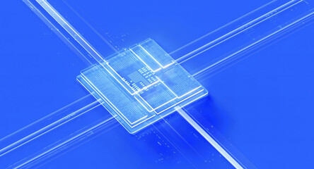 3D rendering of cyberpunk AI. Circuit board. Technology background. Central Computer Processors CPU and GPU concept. Motherboard digital chip. Tech science background.