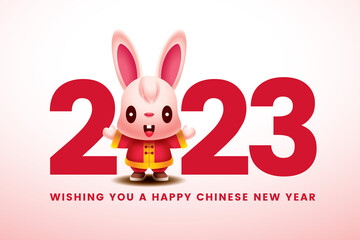 Chinese New Year 2023. Cartoon cute long ears rabbit wearing traditional costume with greeting hand stand in big 2023 numbers sign. Year of the rabbit zodiac