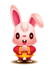 Happy Chinese New Year 2023. Cartoon cute rabbit wearing traditional chinese costume with greeting hand gesture. Year of the rabbit. Bunny character