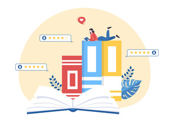 Obraz premium Book Review Template Hand Drawn Cartoon Flat Illustration with Reader Feedback for Analysis, Rating, Satisfaction and Comments About Publications