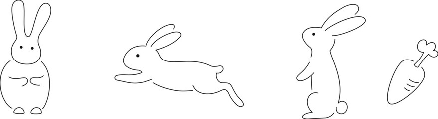 3匹のうさぎとにんじんの線画イラストセット　線のみ、塗りなし