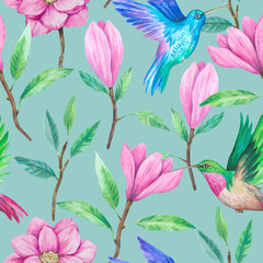Hummingbirds and magnolia flowers. Watercolor illustration. Seamless pattern for decor and design 