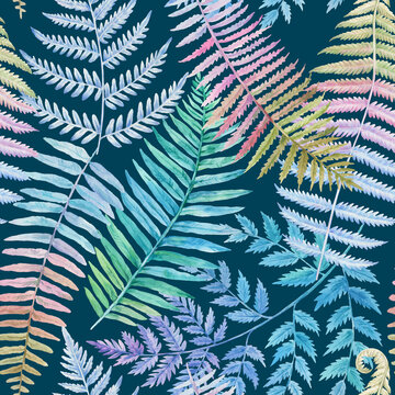 Hand drawn seamless pattern with fern leaves. Detailed watercolor botanical illustration.
