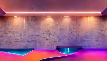 Abstract architectural concrete smooth interior of a minimalist house with color gradient neon lighting. 3D illustration and rendering 
