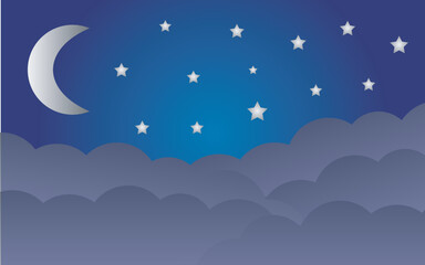 Night Sky Dark Blue Background with Crescent Moon Stars and Clouds