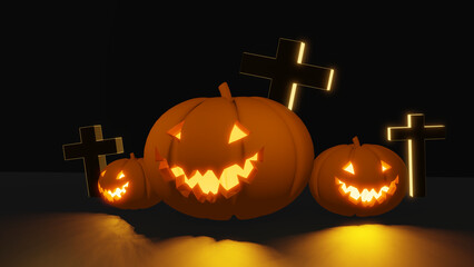 three of orange halloween pumpkin jack o lantern with inner orange light glow with cross in the black background